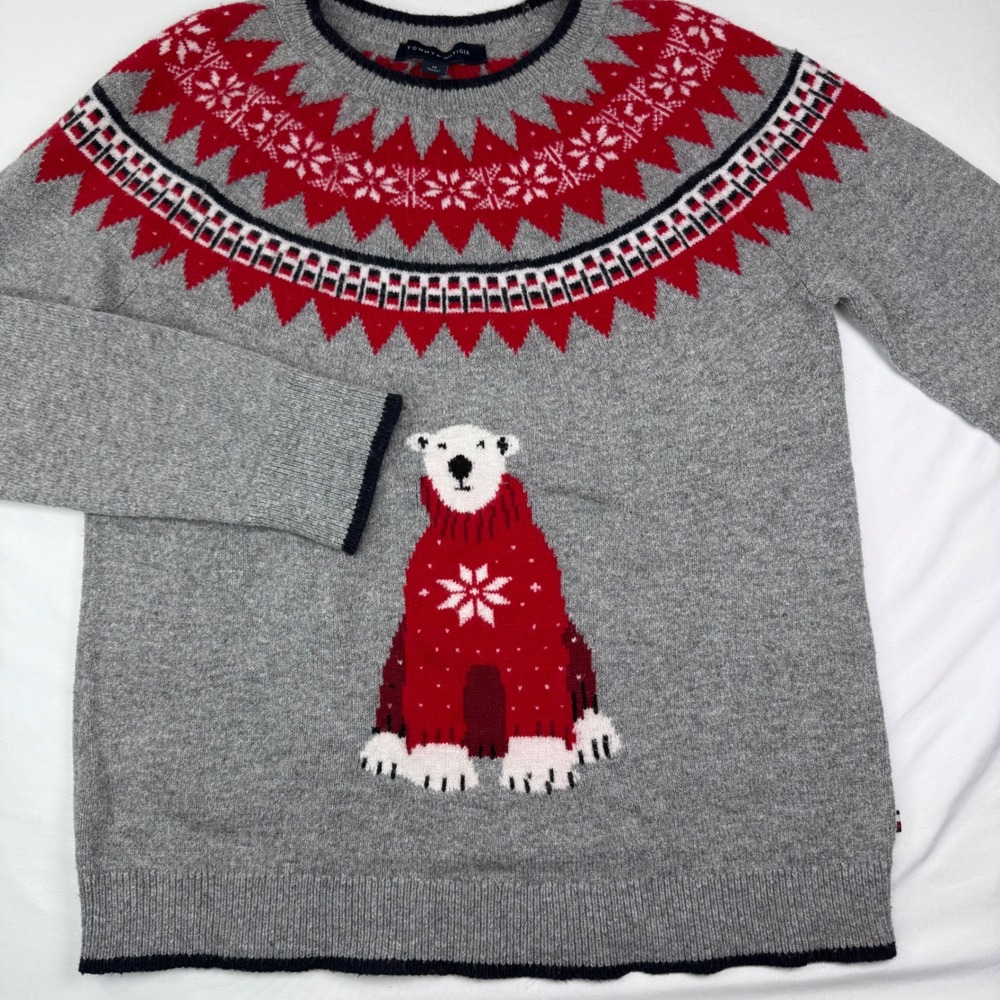 Tommy Hilfiger Polar Bear Fair Isle Sweater Gray Red Wool Blend Mens Medium